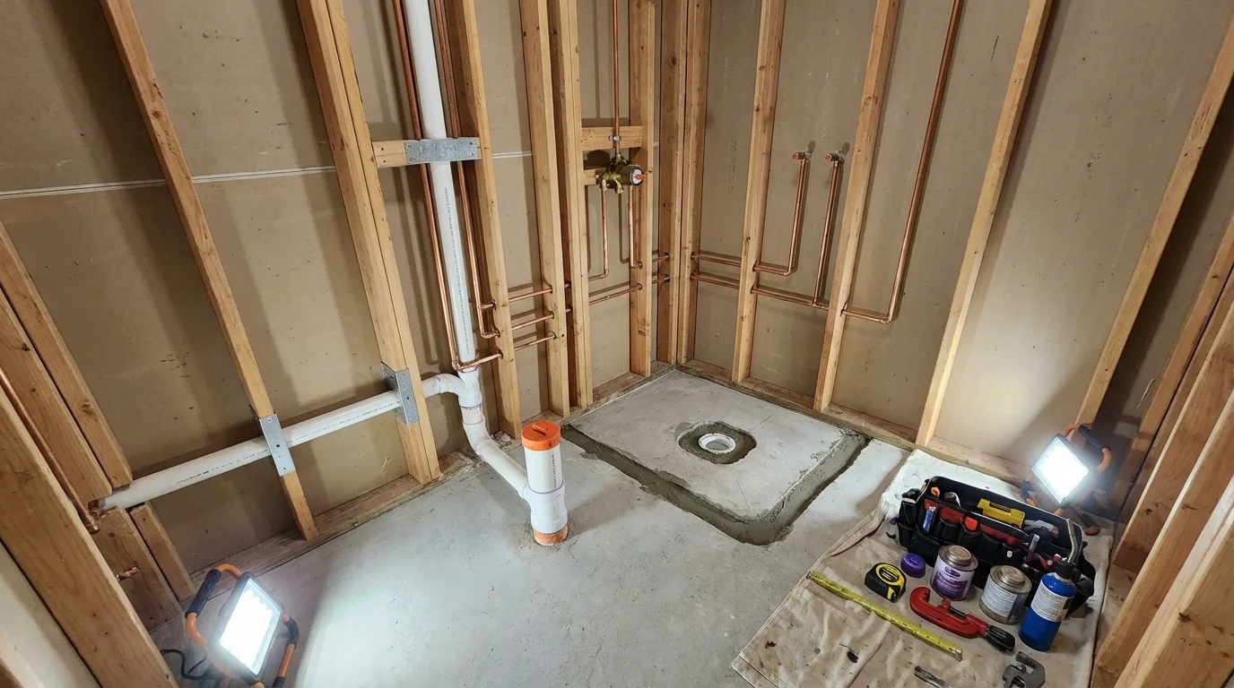 Bathroom rough-in plumbing during remodel by Johns Plumbing LLC in Palo Cedro