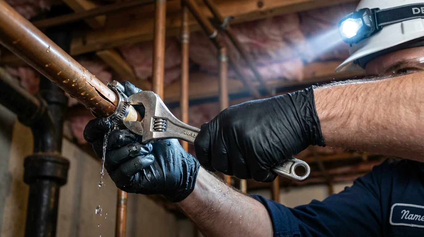 Emergency pipe clamp repair being performed by a Johns Plumbing LLC plumber in Palo Cedro