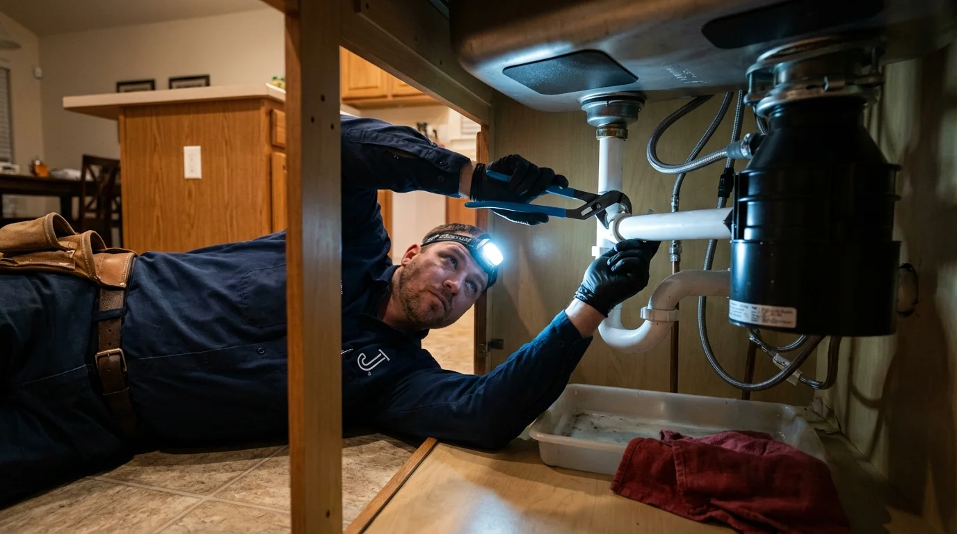 P-trap and supply line connections under a kitchen sink showing a common leak point in Palo Cedro, CA